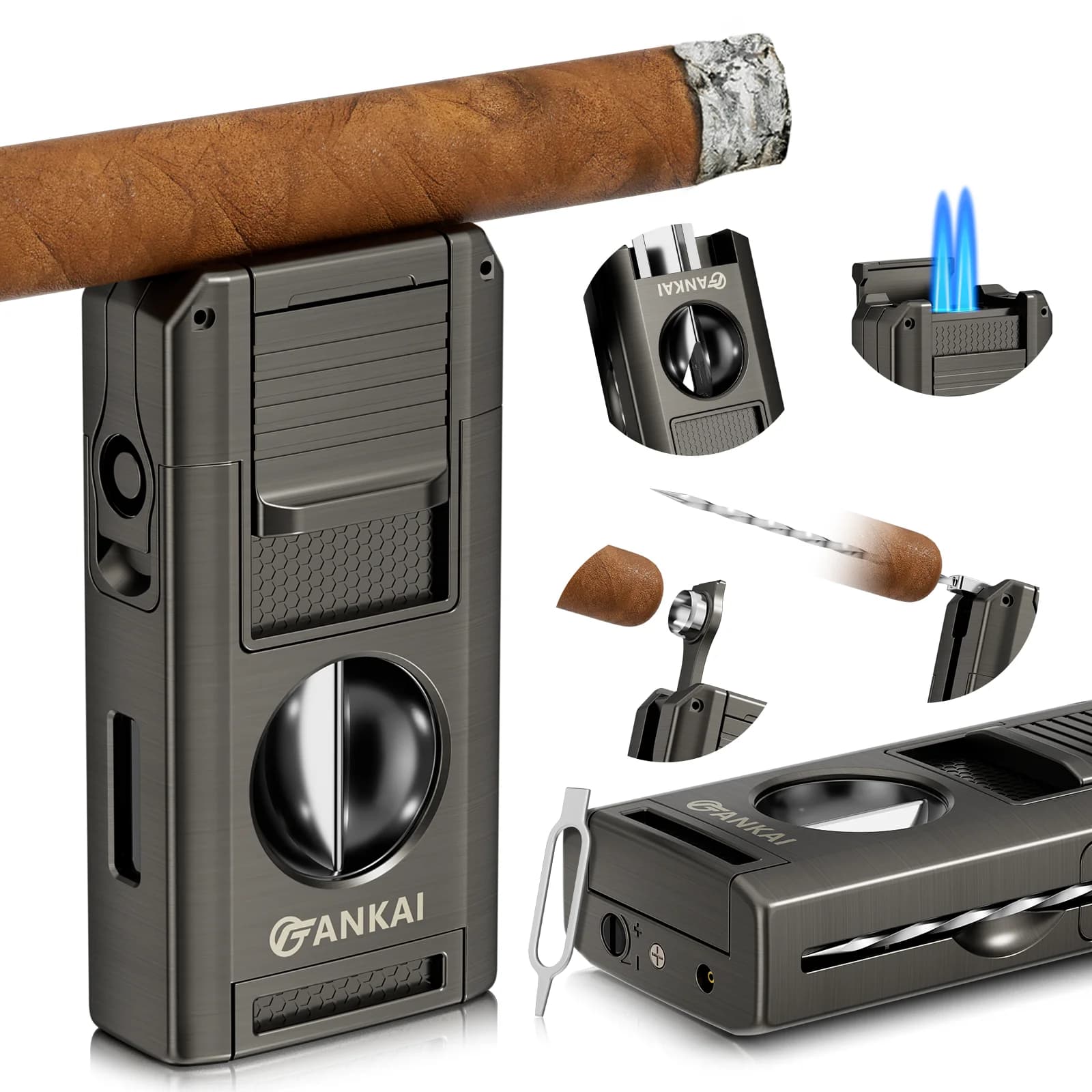 Allume-cigare, torche à cigare 5 en 1 avec coupe-cigare en V, poinçon, support, pique à cigare, briq