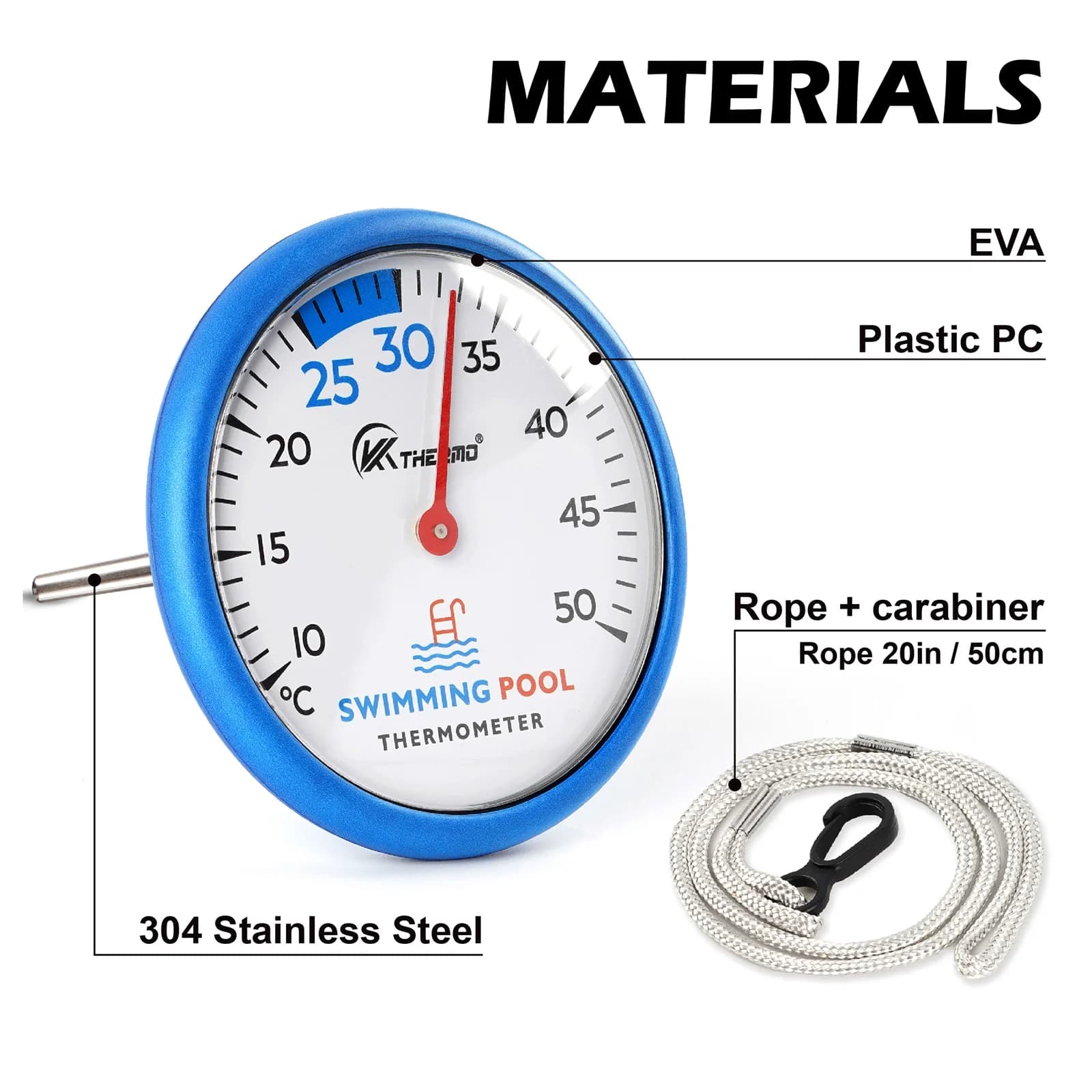 Thermomètre de piscine 4,3 pouces – Jauge de température de l'eau de piscine sans batterie avec cord
