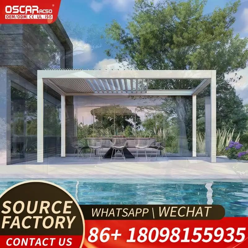 Pergola motorisée en aluminium avec toit à lames rétractables, résistante au vent, pour jardin extér