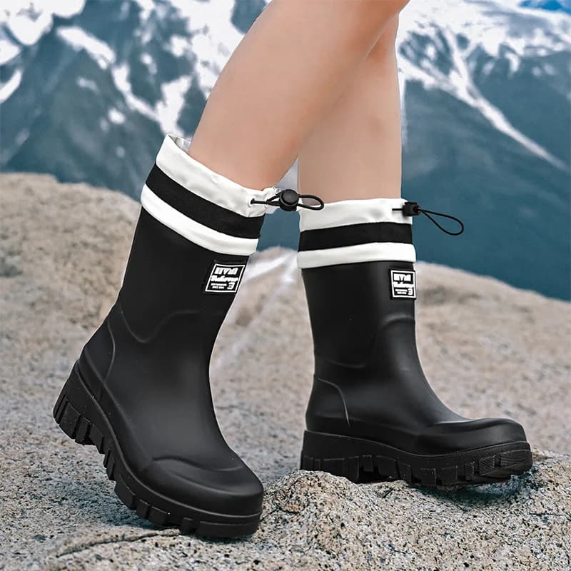 Bottes de pluie imperméables pour femmes, mi-mollet, en PVC, à tube haut, antidérapantes pour la cuisine, chaussures de pluie tendance, bottes en caoutchouc à plateforme