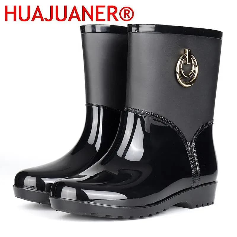 Bottes de pluie en caoutchouc pour femmes, imperméables, à talons hauts, à la mode, en PVC, courtes chevilles, antidérapantes, en fourrure et cuir