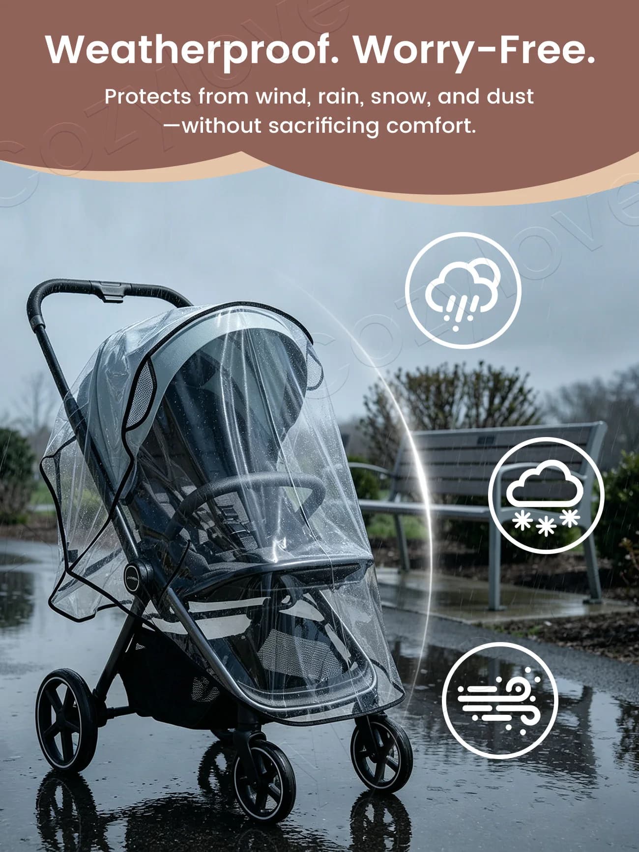 Housse de pluie universelle pour poussette |   Pare-soleil transparent imperméable et coupe-vent pour poussette avec fenêtre en maille ventilée