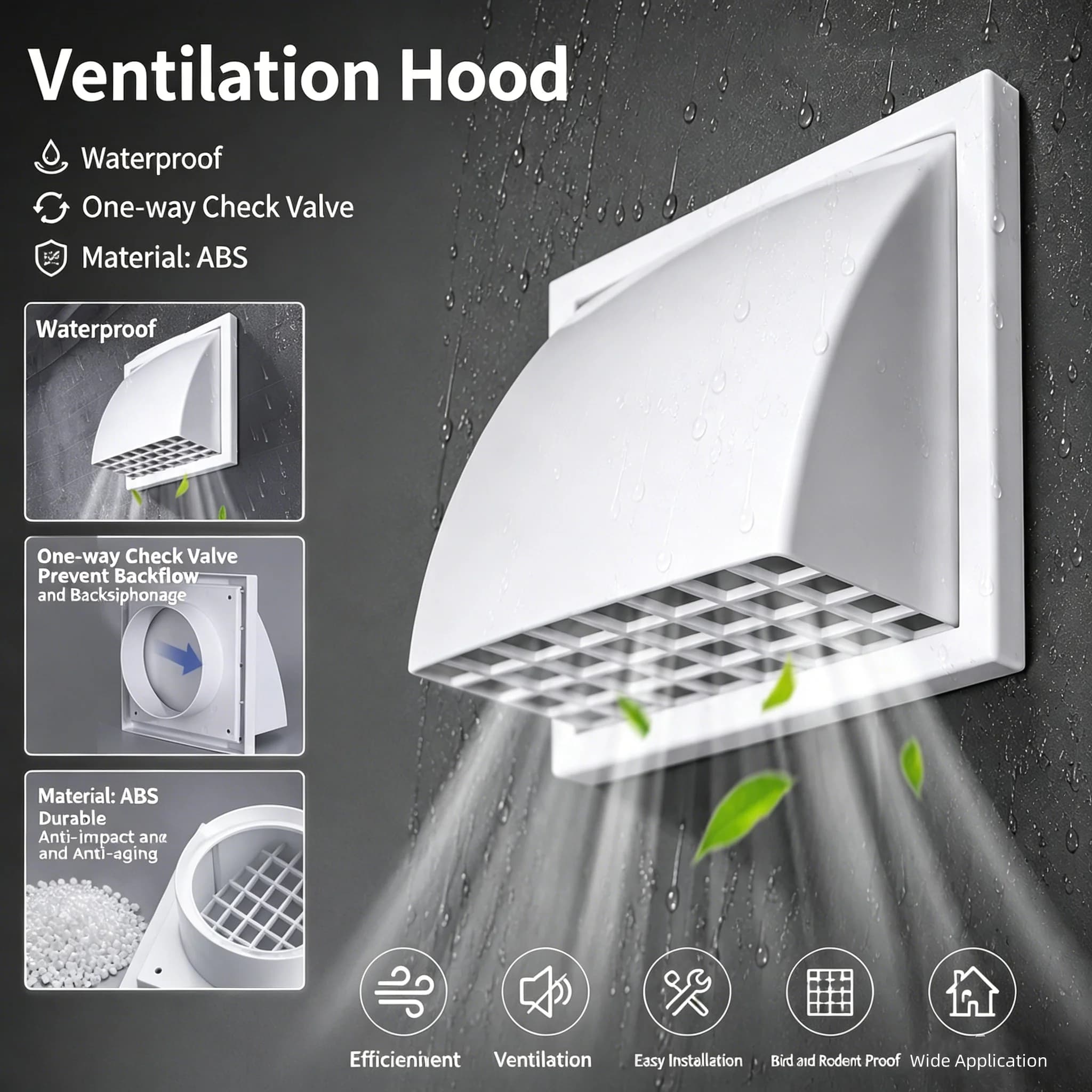 Grille de ventilation extérieure en ABS avec protection contre la pluie et couvercle d'évacuation à valve