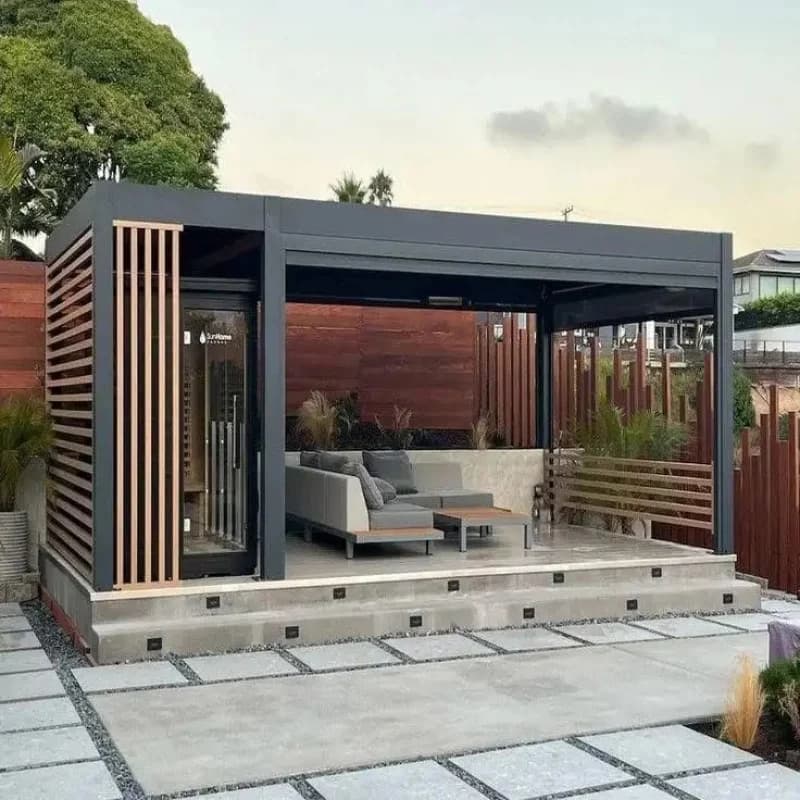 Pergola de cuisine extérieure en aluminium et bois | Gazebo BBQ avec écrans à lamelles pour jardin et terrasse