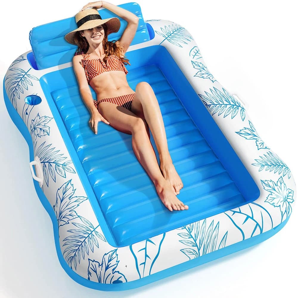 Chaise longue gonflable de piscine de bronzage, grande plage, bain de jour, radeau flottant, salle de bain de lumière du jour, baignoire flottante avec porte-boissons, matelas de natation flottant à l