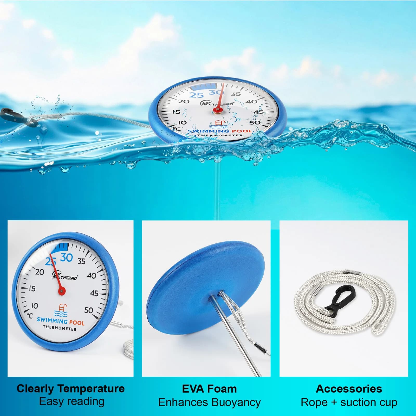 Thermomètre de piscine 4,3 pouces – Jauge de température de l'eau de piscine sans batterie avec corde et ventouse