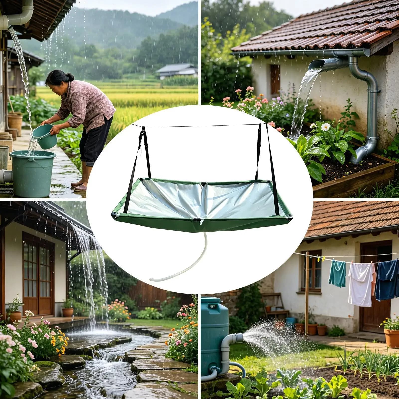 Collecteur d'eau de pluie extérieur avec guide d'eau, housse de protection suspendue et tuyau de 1m pour arroser les plantes vertes et nettoyer la cour