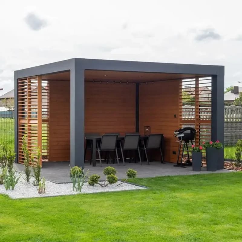 Pergola de cuisine extérieure en aluminium et bois | Gazebo BBQ avec écrans à lamelles pour jardin et terrasse