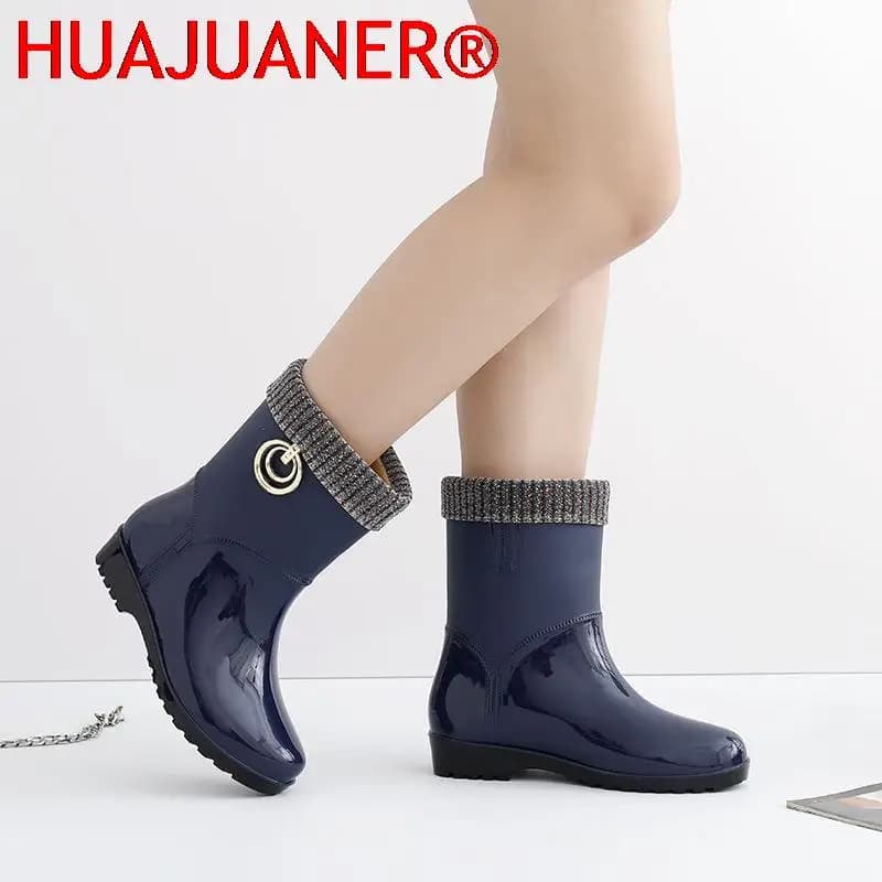 Bottes de pluie en caoutchouc pour femmes, imperméables, à talons hauts, à la mode, en PVC, courtes chevilles, antidérapantes, en fourrure et cuir