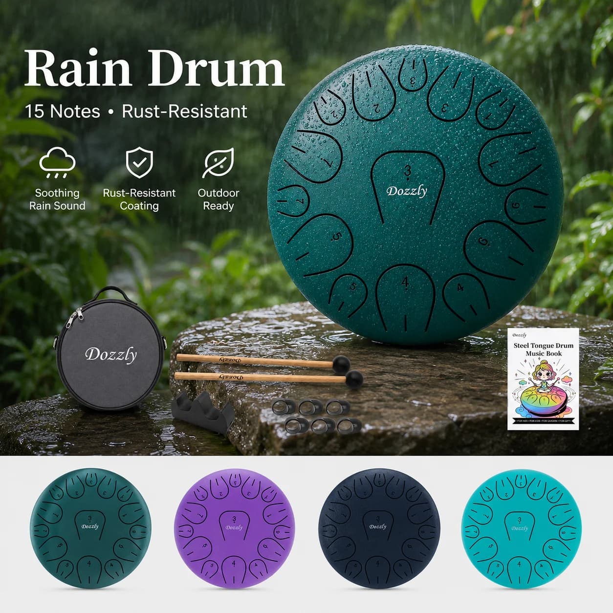 Tambour de pluie pour jardin extérieur, tambour à langue en acier de 8 pouces, 15 notes, instrument de percussion pour yoga et camping