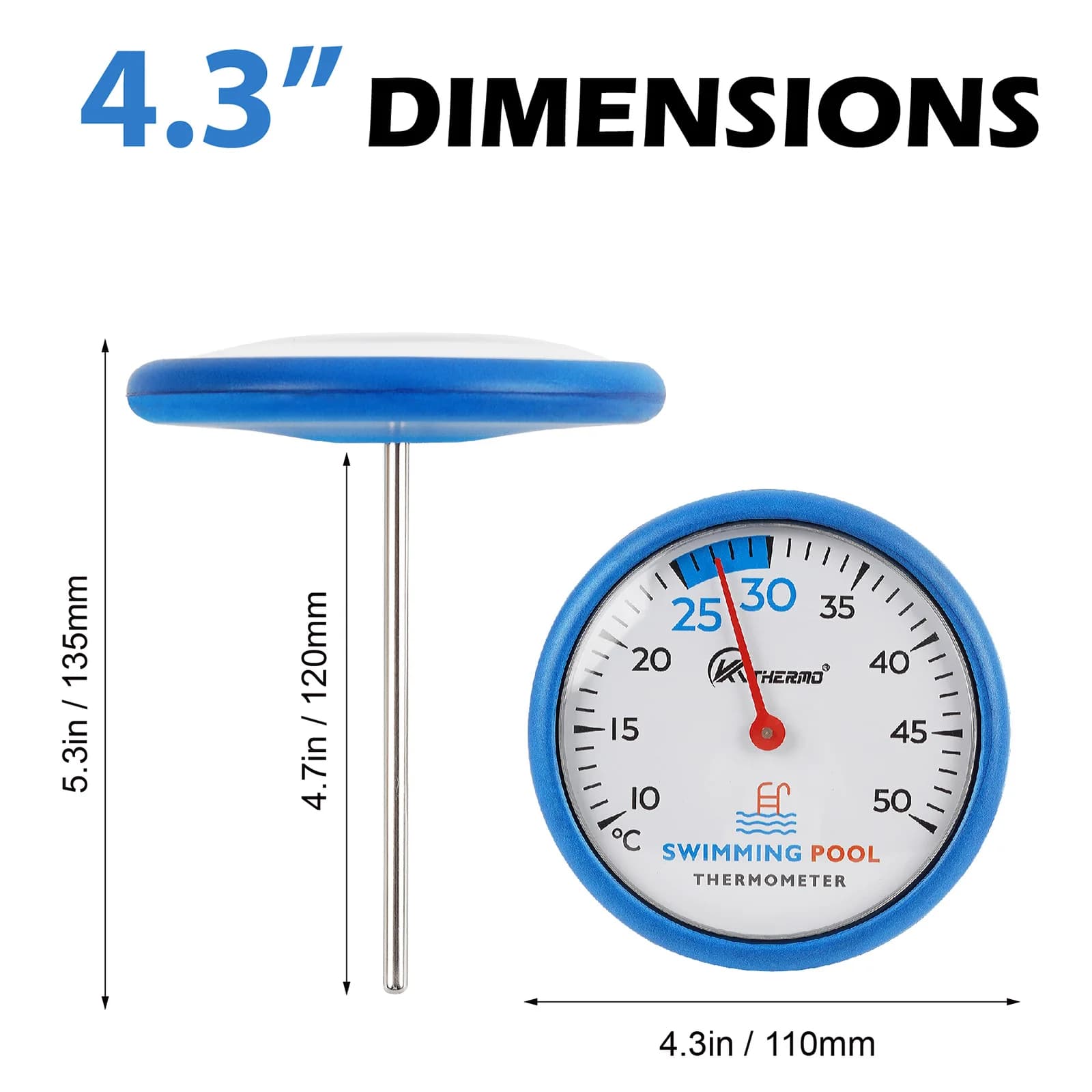 Thermomètre de piscine 4,3 pouces – Jauge de température de l'eau de piscine sans batterie avec corde et ventouse