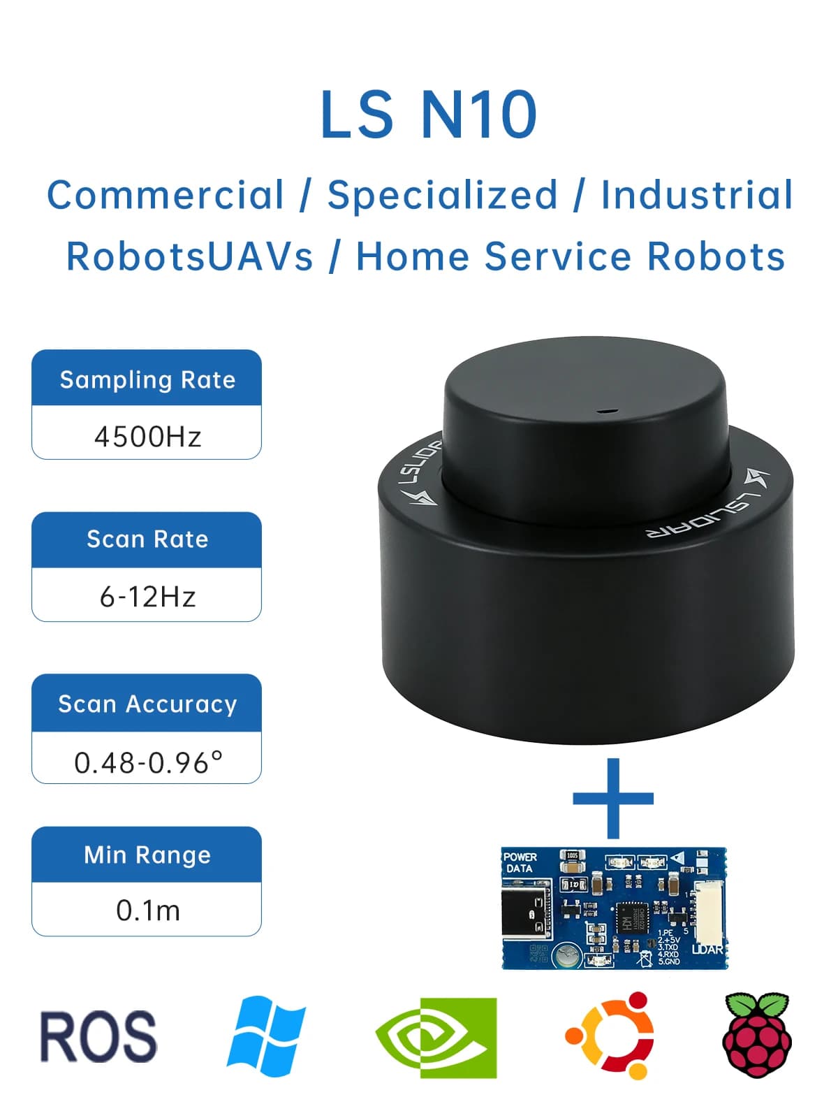Lslidar N10 360 °   Kit Lidar, capteur radar laser TOF, 25m, 30000 Lux, anti-éblouissement, prise en charge du laser radar ROS1 ROS2 Arduino, intérieur/extérieur