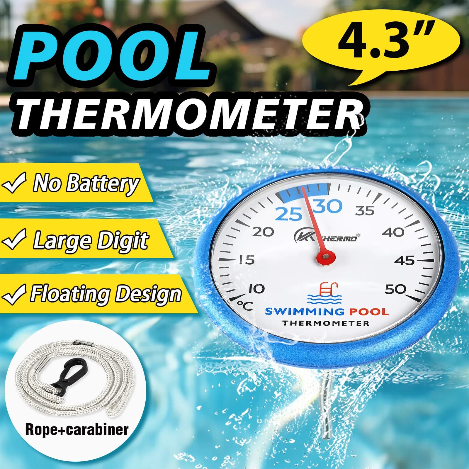 Thermomètre de piscine 4,3 pouces – Jauge de température de l'eau de piscine sans batterie avec corde et ventouse
