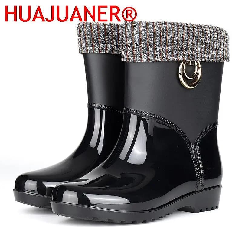 Bottes de pluie en caoutchouc pour femmes, imperméables, à talons hauts, à la mode, en PVC, courtes chevilles, antidérapantes, en fourrure et cuir