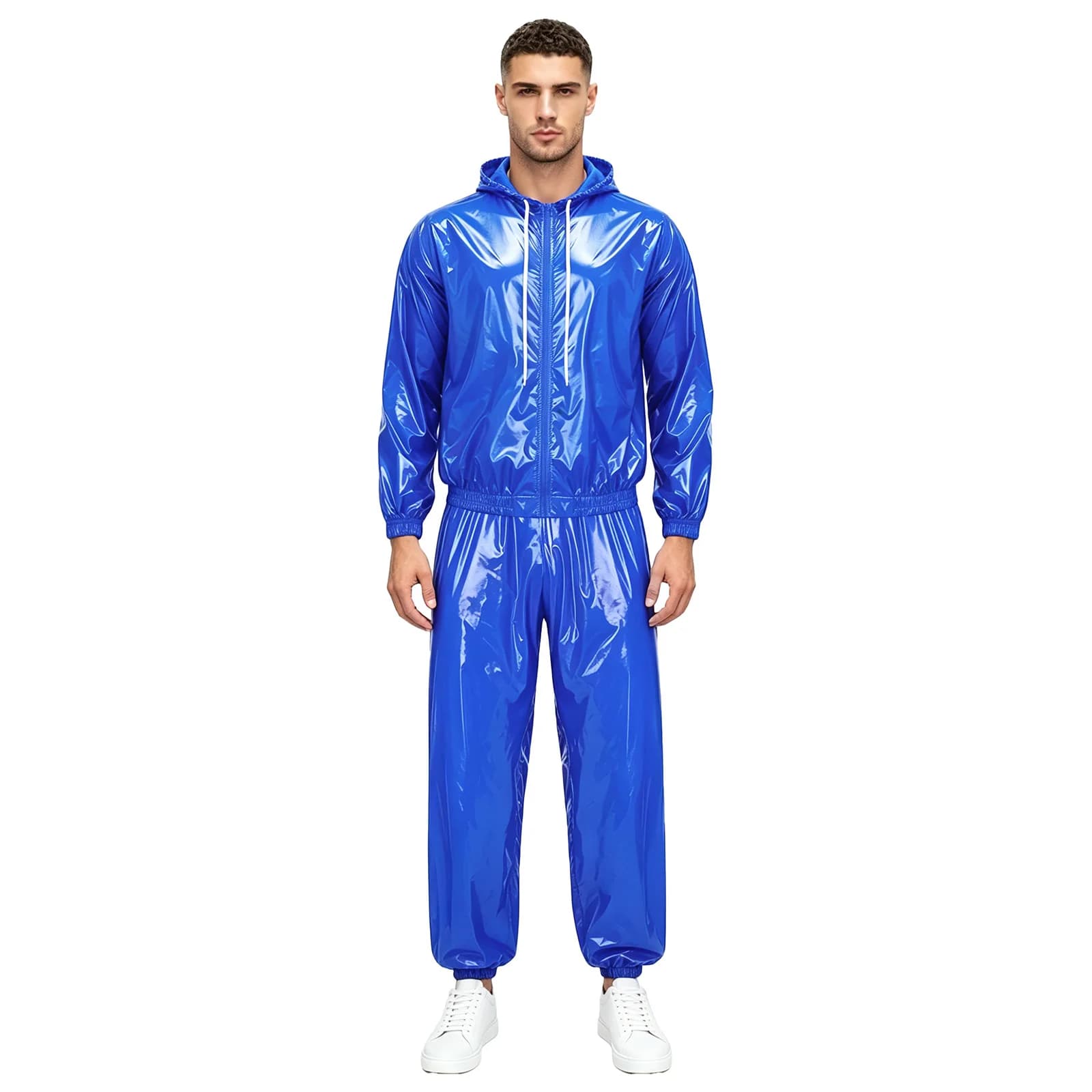 Ensemble de pluie imperméable pour homme avec veste coupe-vent à capuche et cordon de serrage, fermeture éclair frontale, et pantalon de survêtement pour la randonnée et l'entraînement