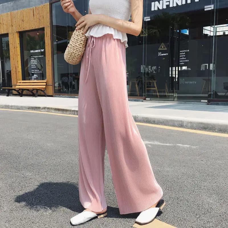 Pantalon plissé à jambes larges pour femmes, taille élastique, mode d'été, pantalon décontracté