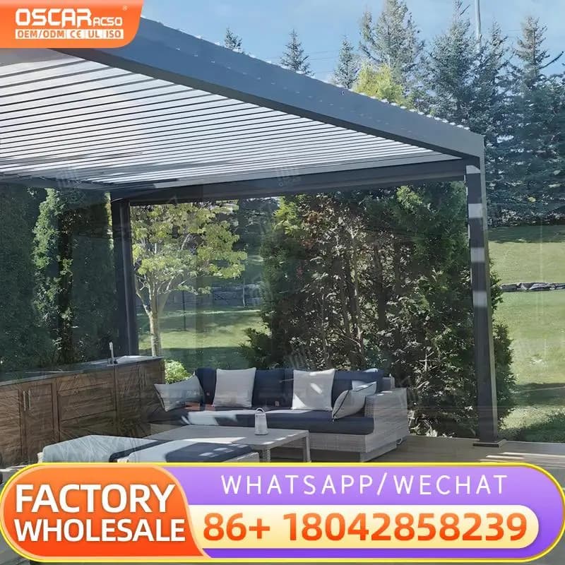 Pergola d'auvent motorisée de couverture de toit à persiennes imperméable fixée au mur extérieur