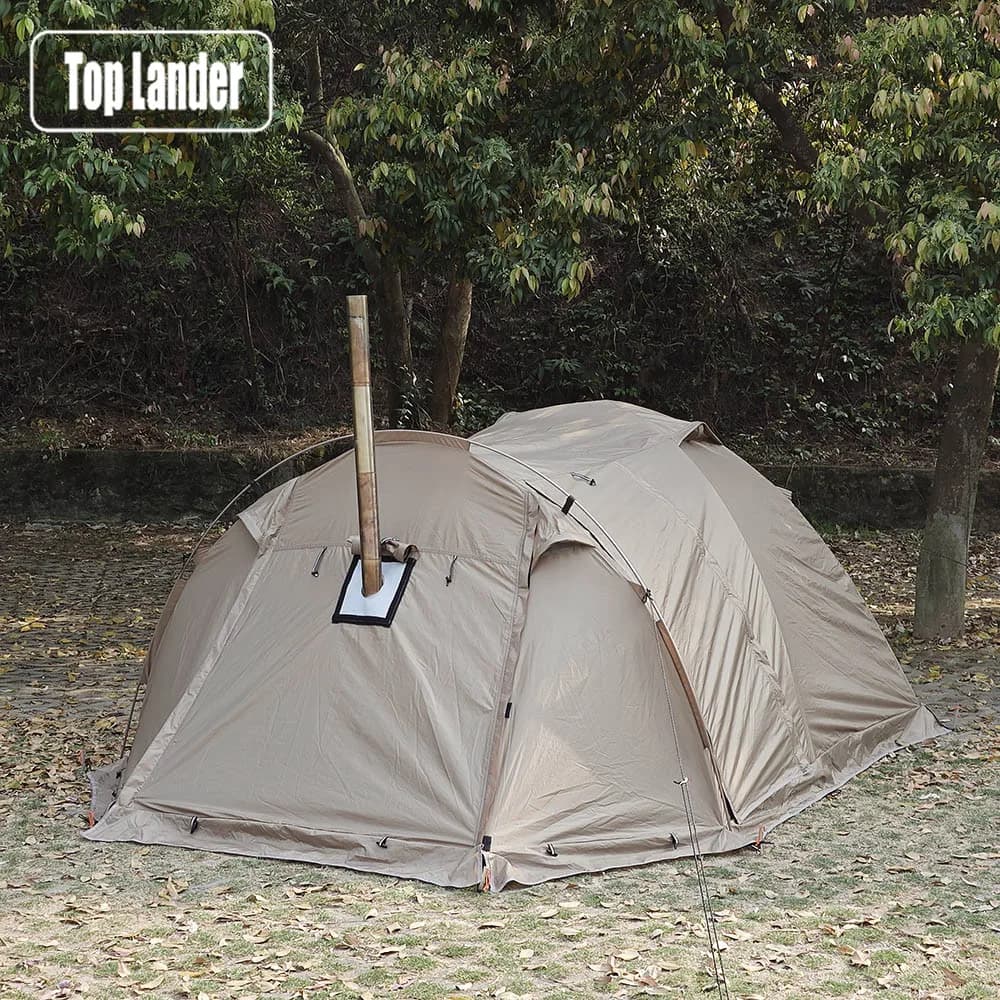 Tente chaude ignifuge pour 2 personnes, tente dôme extensible et imperméable avec sortie de poêle et