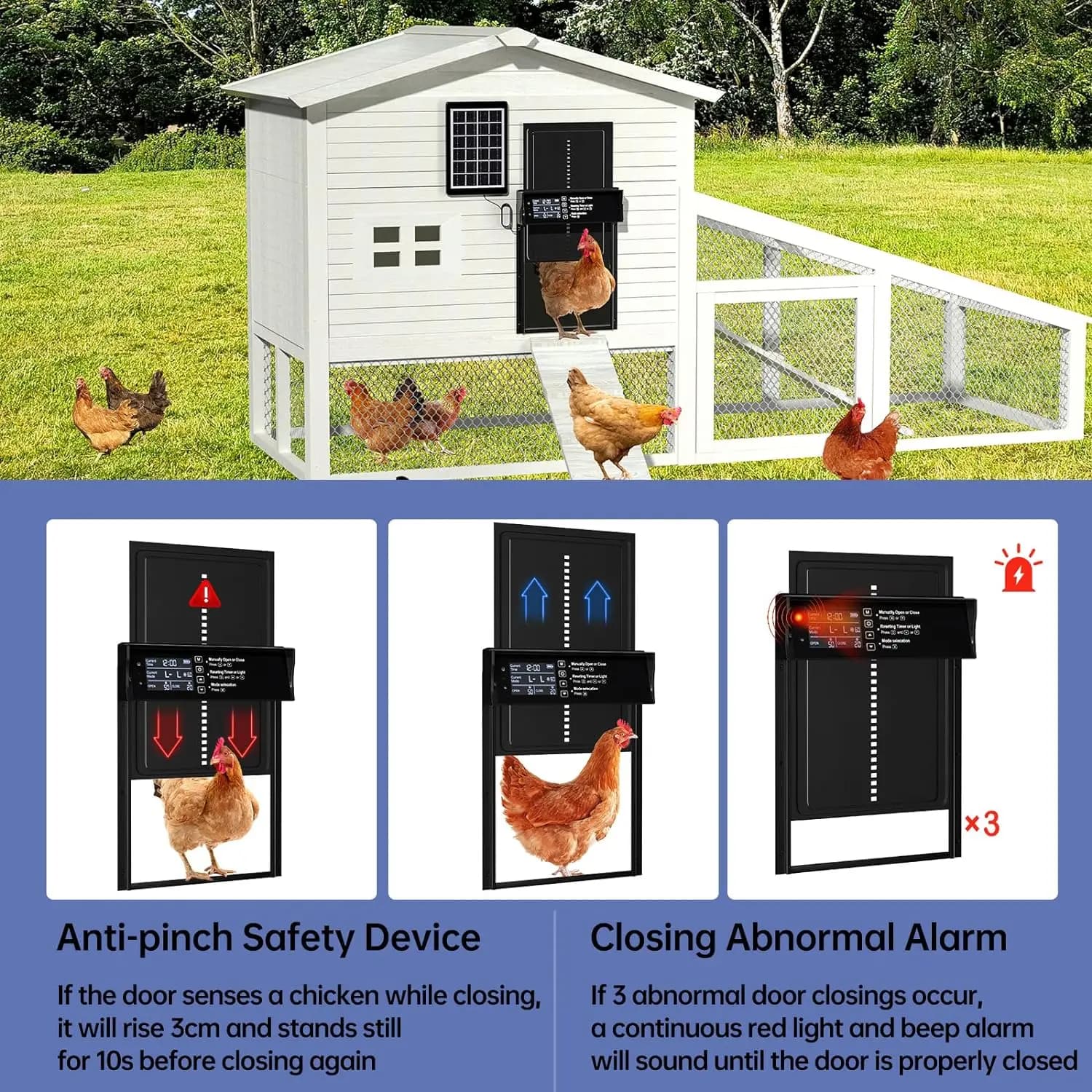 Porte de poulailler solaire, porte de poulet automatique à énergie solaire et chargement USB, porte de poulet automatique 4 Modes avec minuterie et capteur lumineux