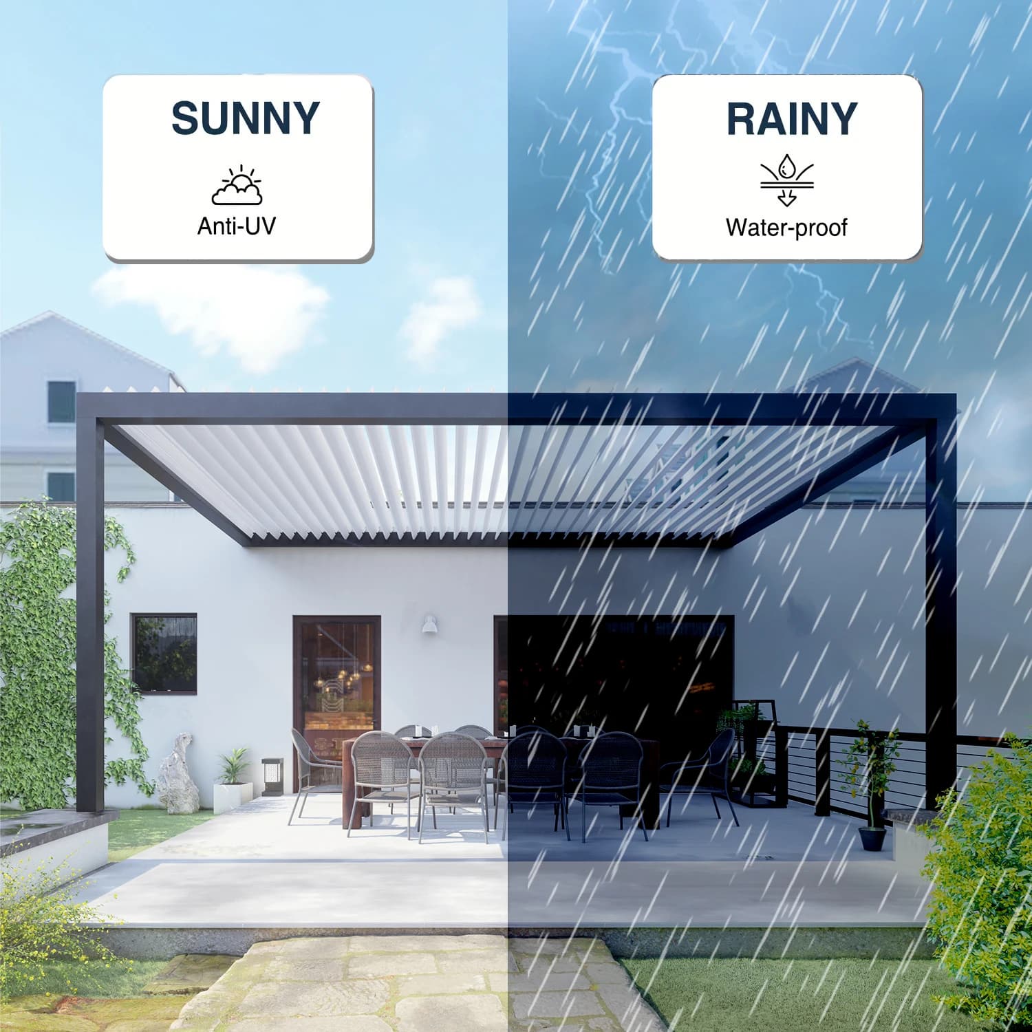 Pergola en aluminium, toit à persienne réglable bioclimatique