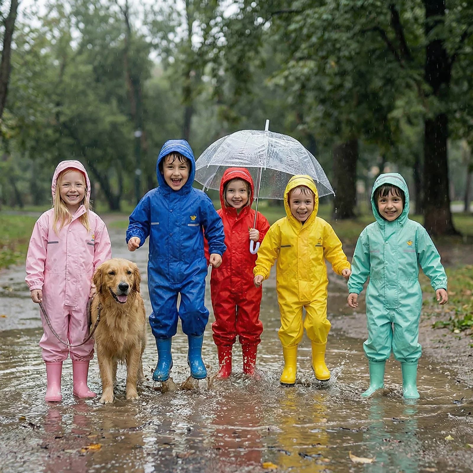 Imperméable pour enfants en bas âge, combinaison imperméable à capuche pour garçons et filles, pantalon de pluie une pièce de couleur unie avec poches