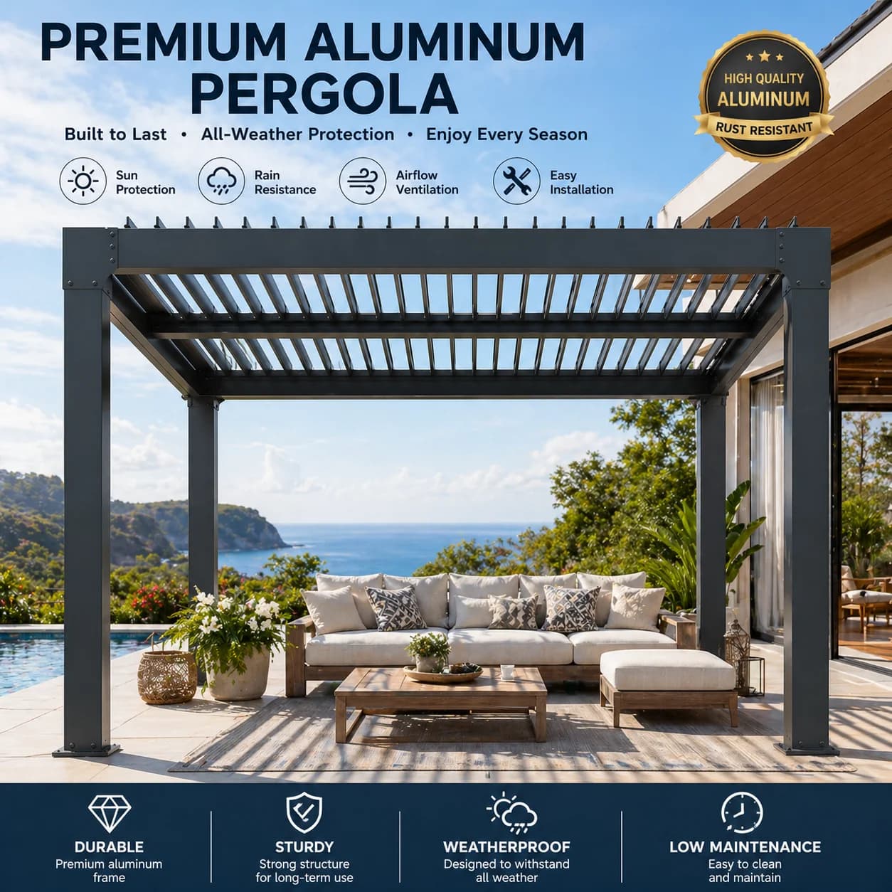 Pergola bioclimatique motorisée en aluminium avec toit à lames orientables