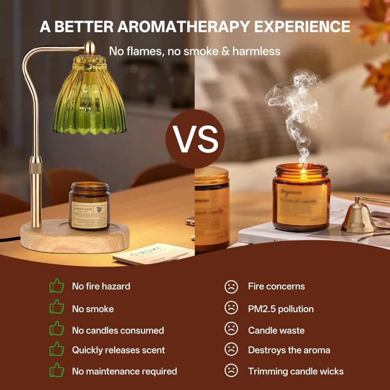 Lampe chauffe-bougie avec minuterie et variateur d'intensité, base en bois rétro, abat-jour en verre, lumière chauffante pour bougie, ambiance chaleureuse, décoration pour la maison et les fêtes