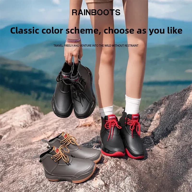 Bottes de pluie imperméables et antidérapantes pour femmes, chaussures de pluie portables pour l'extérieur, Tube court à la mode, matériau PVC, talons bas, Zapatos