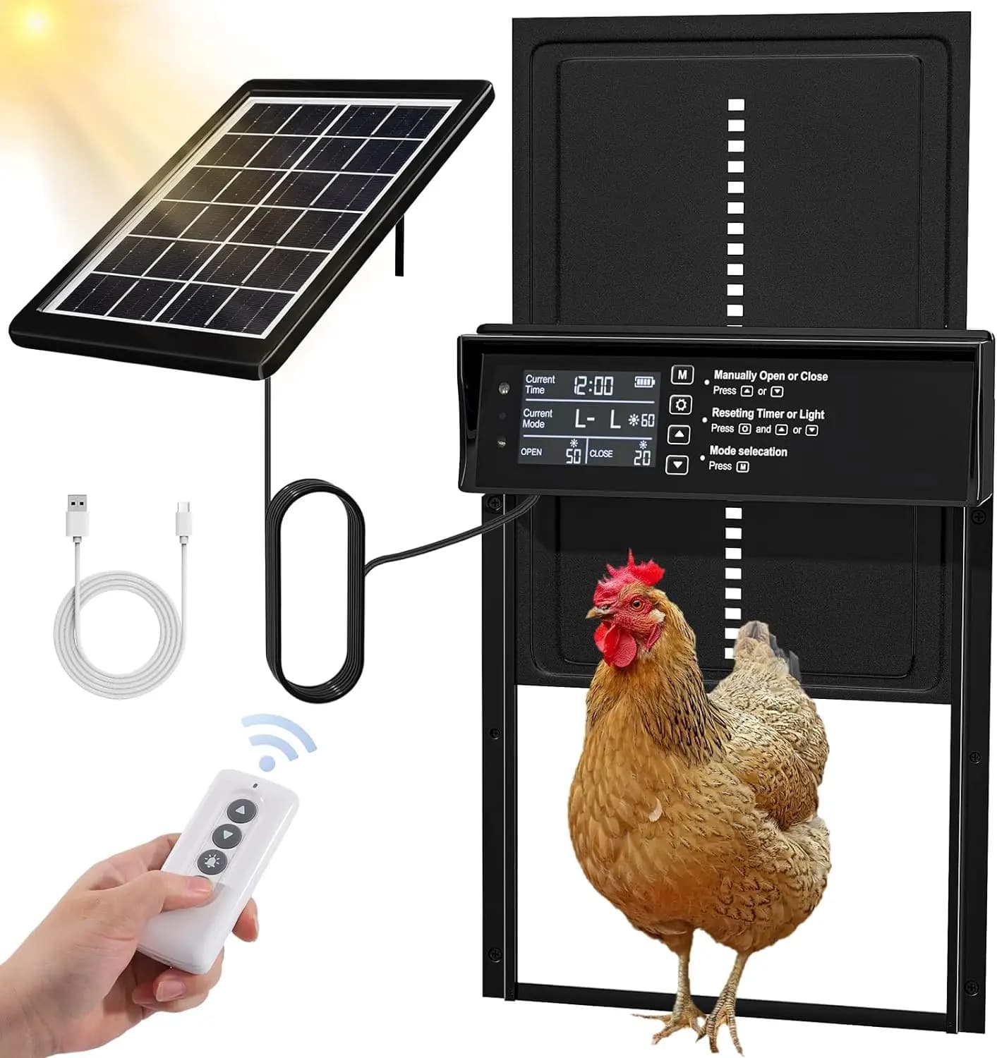 Porte de poulailler solaire, porte de poulet automatique à énergie solaire et chargement USB, porte de poulet automatique 4 Modes avec minuterie et capteur lumineux
