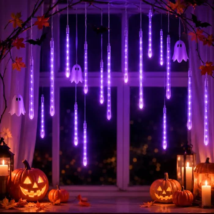 Lumières de pluie de météores, guirlandes lumineuses LED en forme de pluie, USB, vert, violet, blanc chaud, bleu, pour fenêtre, arbre, fête, décoration d'Halloween