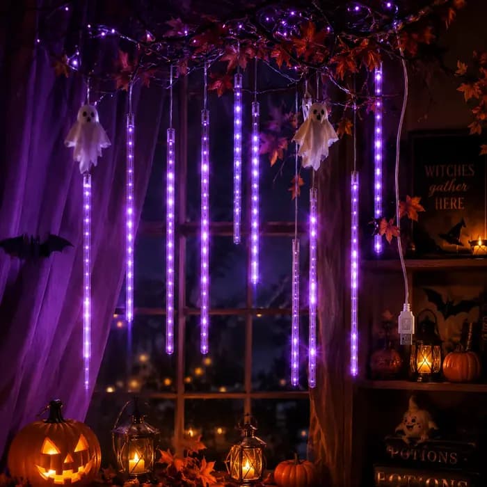Lumières de pluie de météores, guirlandes lumineuses LED en forme de pluie, USB, vert, violet, blanc chaud, bleu, pour fenêtre, arbre, fête, décoration d'Halloween
