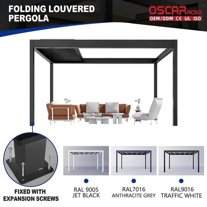 Pergola en aluminium motorisée avec toit à lames orientables à LED, imperméable, durable, kit pour extérieur, jardin, balcon, pour protection solaire et intimité