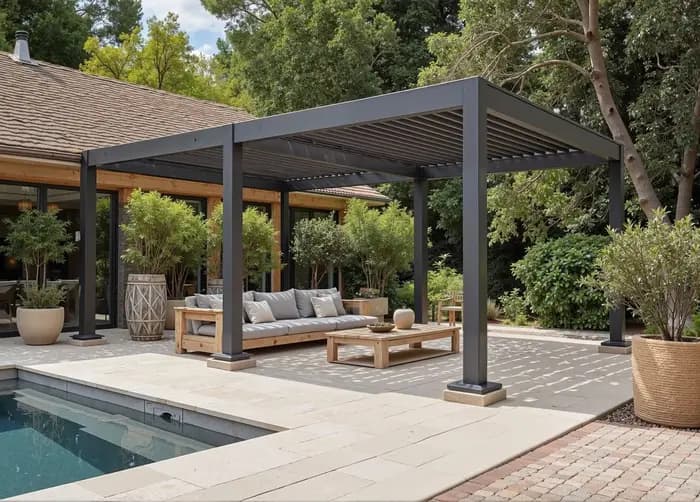 Pergola bioclimatique motorisée en aluminium avec toit à lames orientables