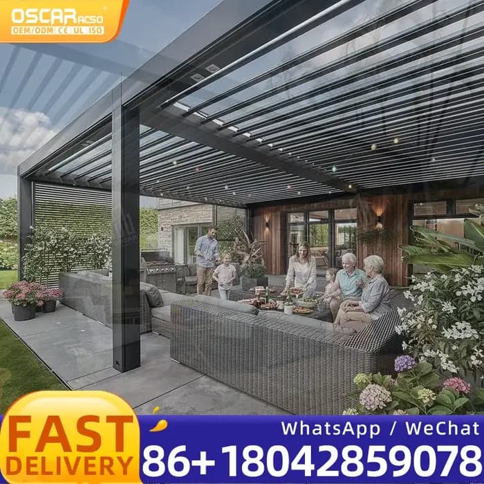 Pergola en aluminium motorisée avec toit à lames orientables à LED, imperméable, durable, kit pour extérieur, jardin, balcon, pour protection solaire et intimité